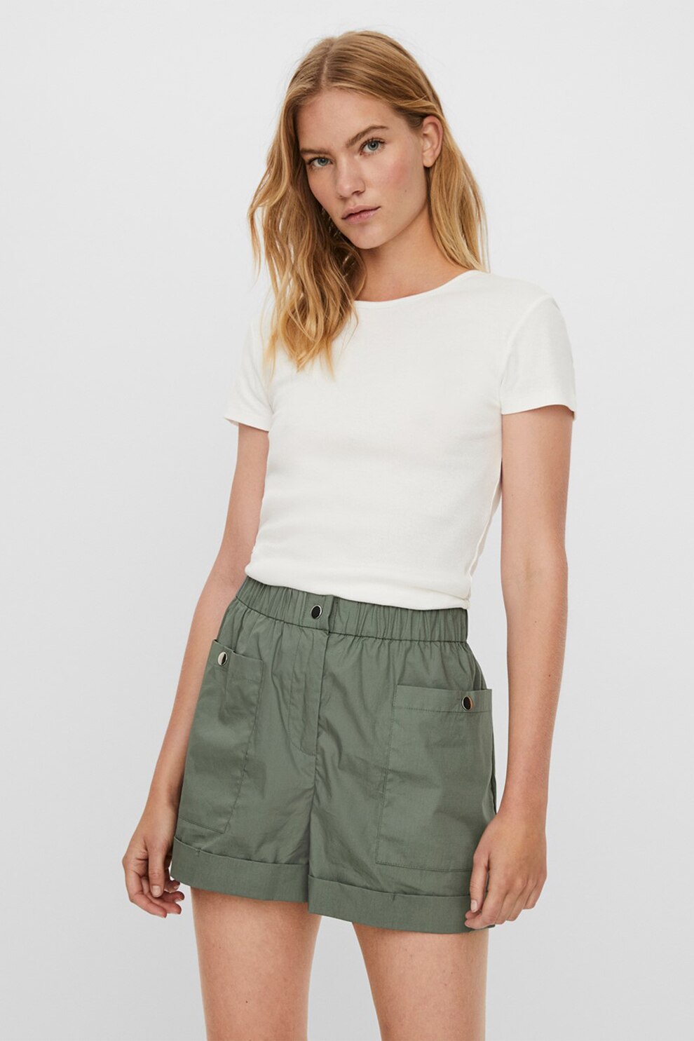 Vero Moda, Tricou din amestec de bumbac organic cu decolteu la baza gatului, Alb