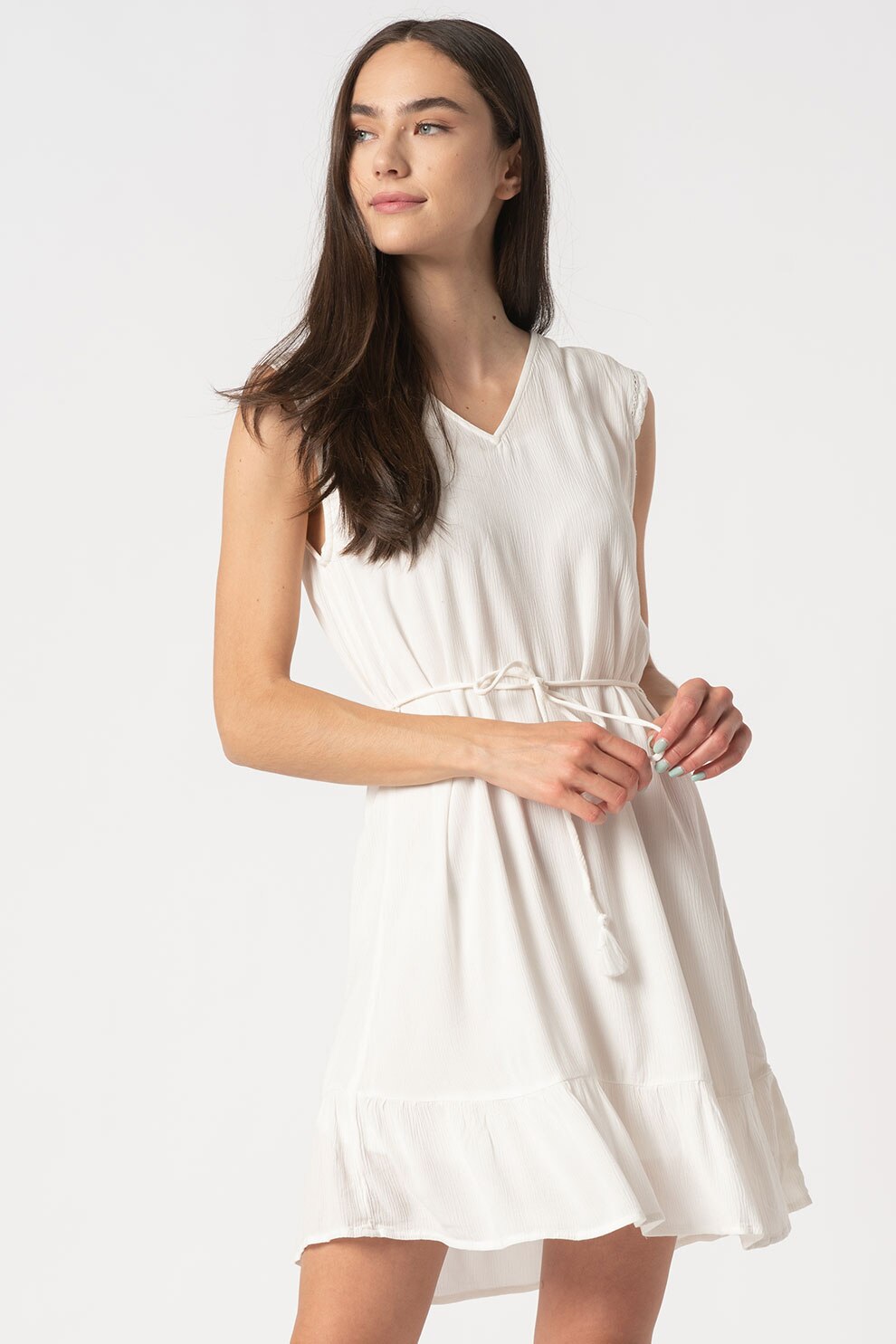 Only, Rochie cu decolteu in V si cordon in talie cu canafi Celia, Alb, L