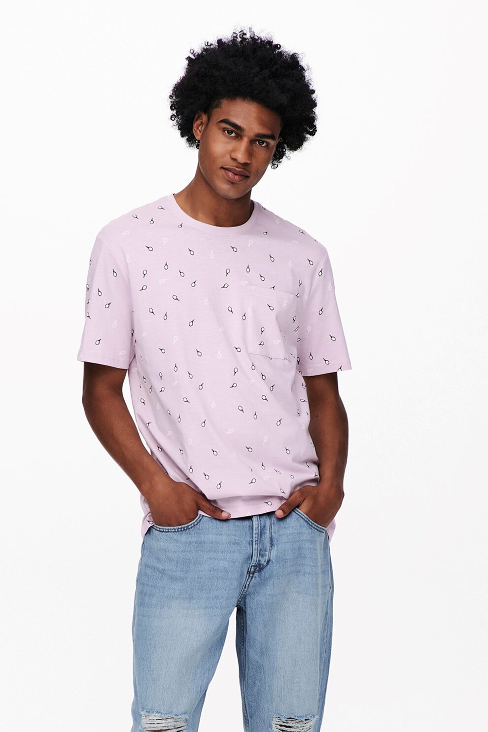 Only & Sons, Tricou de bumbac organic cu buzunar pe piept, Roz pastel