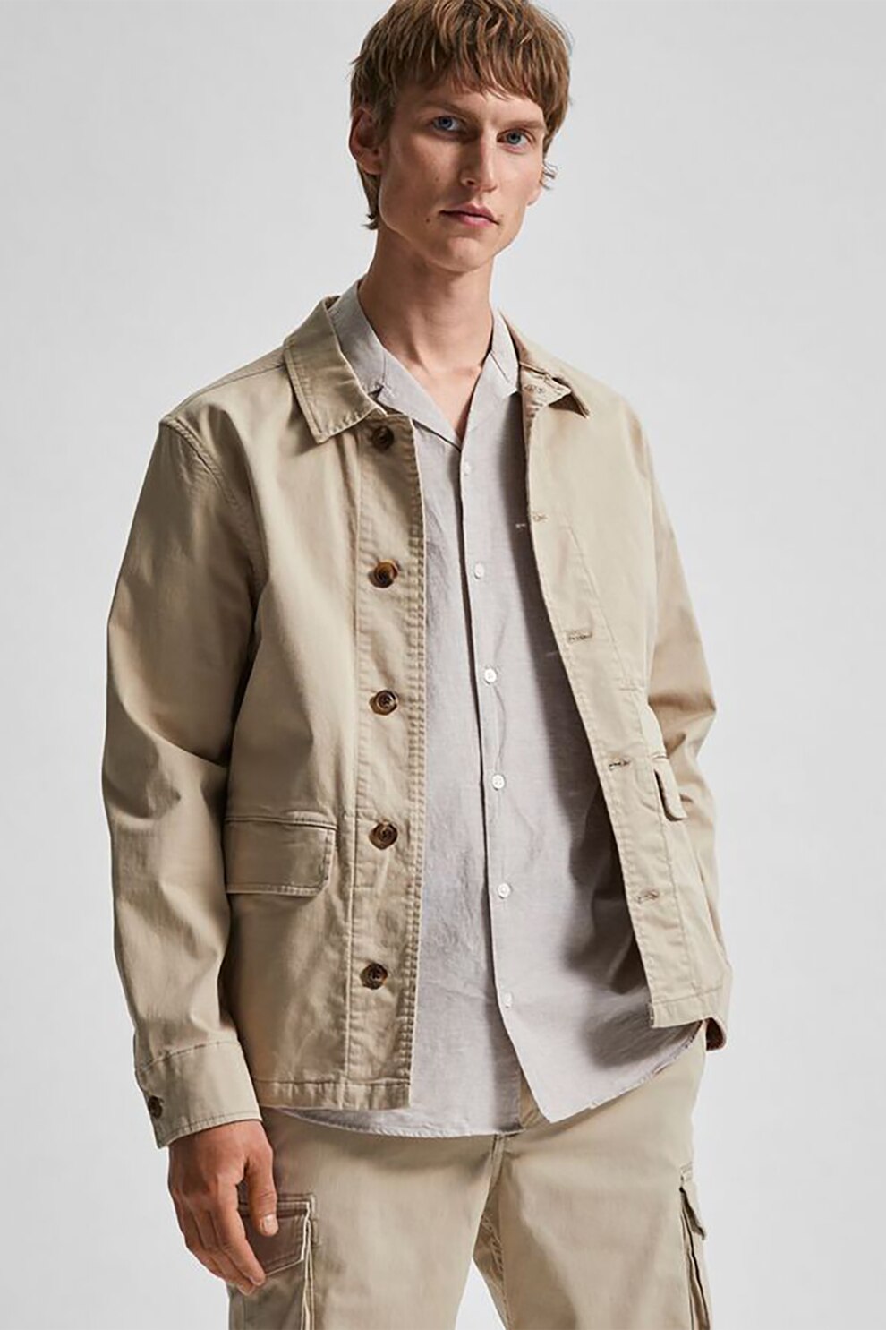 Selected Homme, Camasa din amestec de in cu maneci scurte, Gri deschis