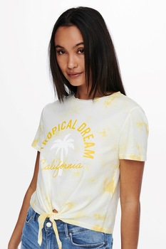 Only, Tricou cu imprimeu si detaliu innodat, Alb prafit/Galben Only, Tricou cu imprimeu si detaliu innodat, Alb prafit/Galben