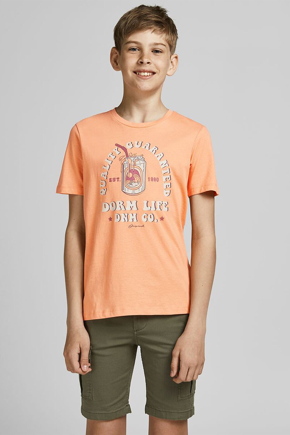 Jack&Jones, Tricou cu decolteu la baza gatului si imprimeu grafic, Oranj pal