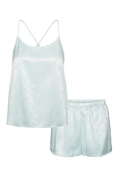 Vero Moda, Camasa si pantaloni scurti de pijama din satin, Albastru pal, L Vero Moda, Camasa si pantaloni scurti de pijama din satin, Albastru pal, L