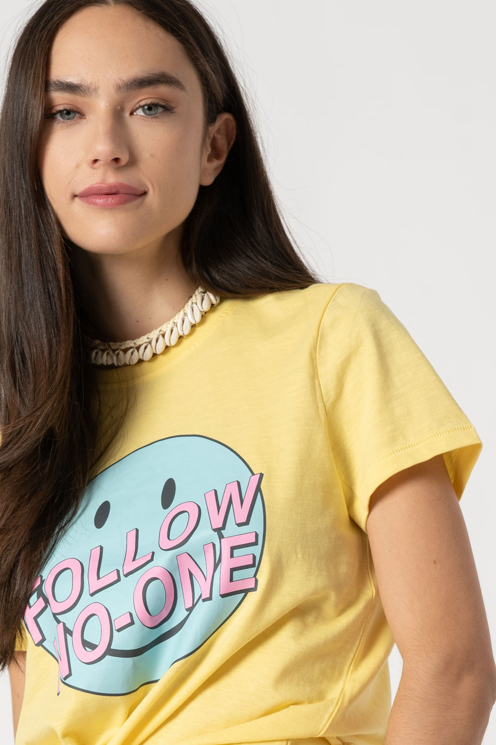 Only, Tricou de bumbac organic cu imprimeu si decolteu la baza gatului, Galben/albastru aqua/roz