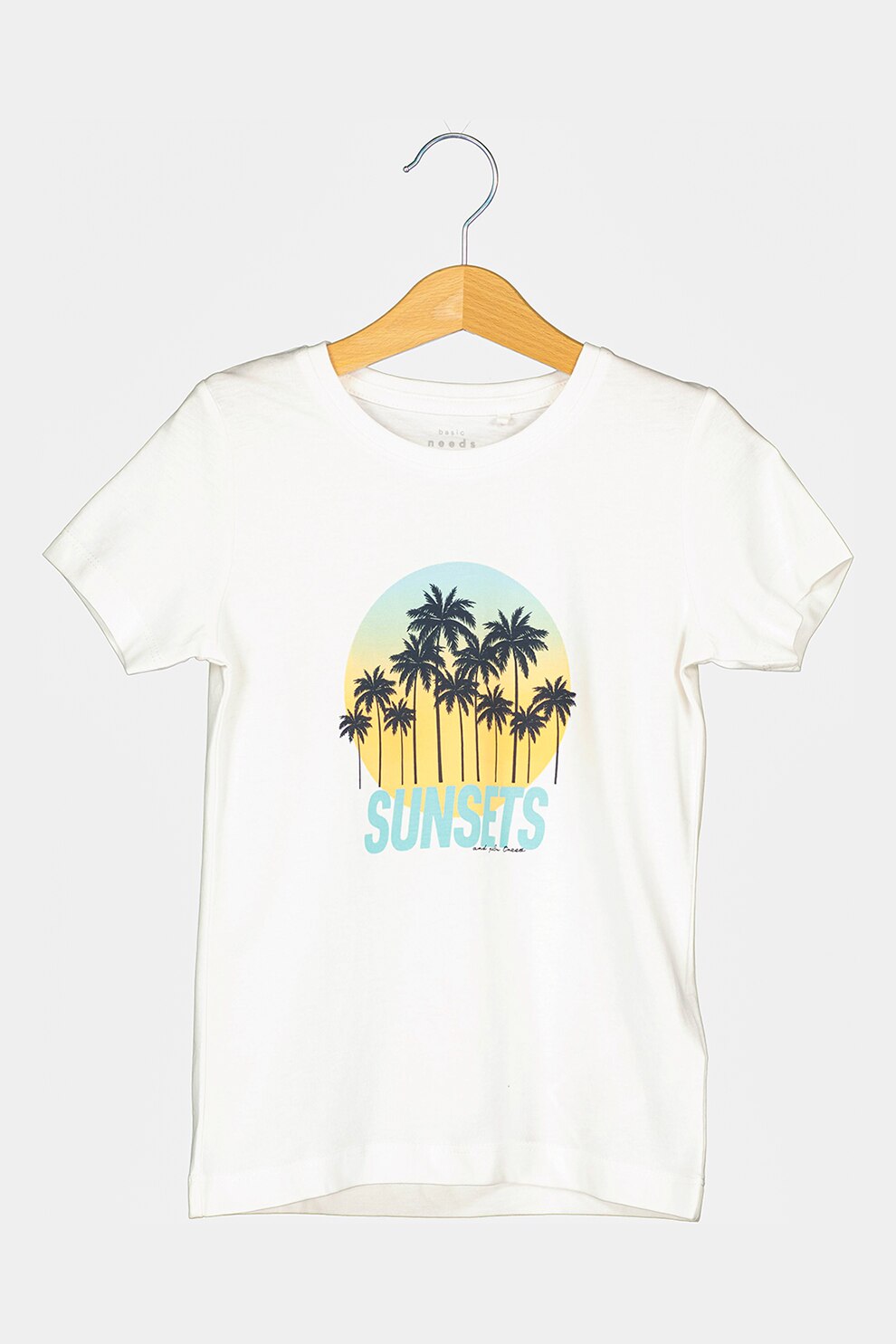NAME IT, Tricou cu decolteu la baza gatului si imprimeu, Alb optc/Albastru aquamarin/Oranj deschis