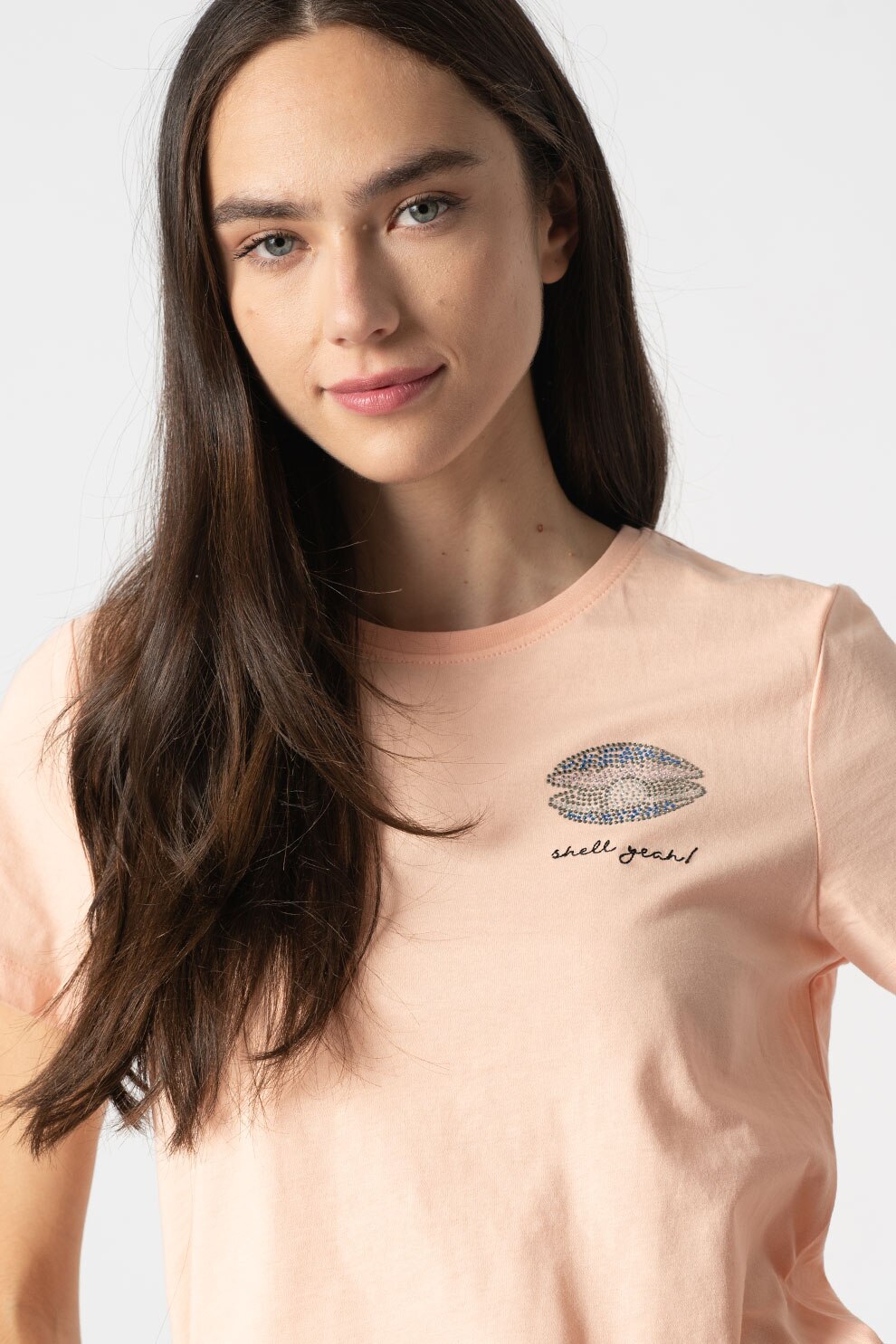 Only, Tricou din bumbac organic cu aplicatii de strasuri Kita, Roz piersica/Argintiu, S