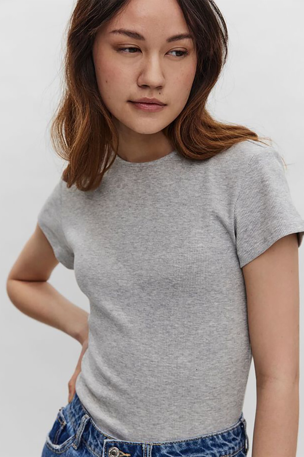 Vero Moda, Tricou din amestec de bumbac organic cu decolteu la baza gatului, Gri melange