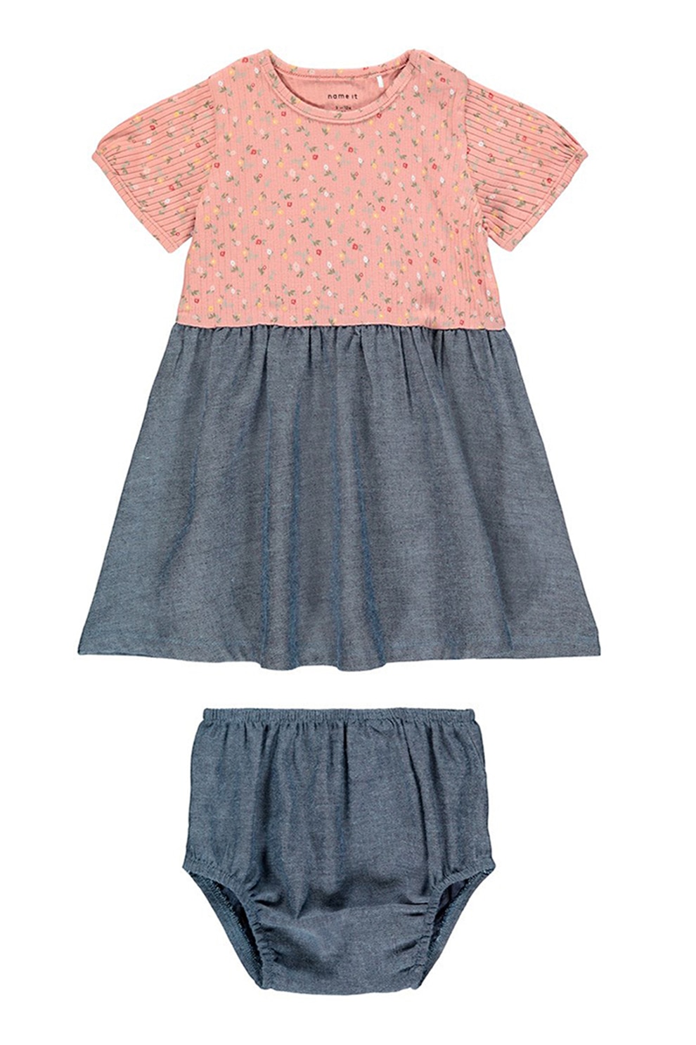 NAME IT, Set de rochie din amestec de bumbac organic si chiloti, Roz/Albastru prafuit
