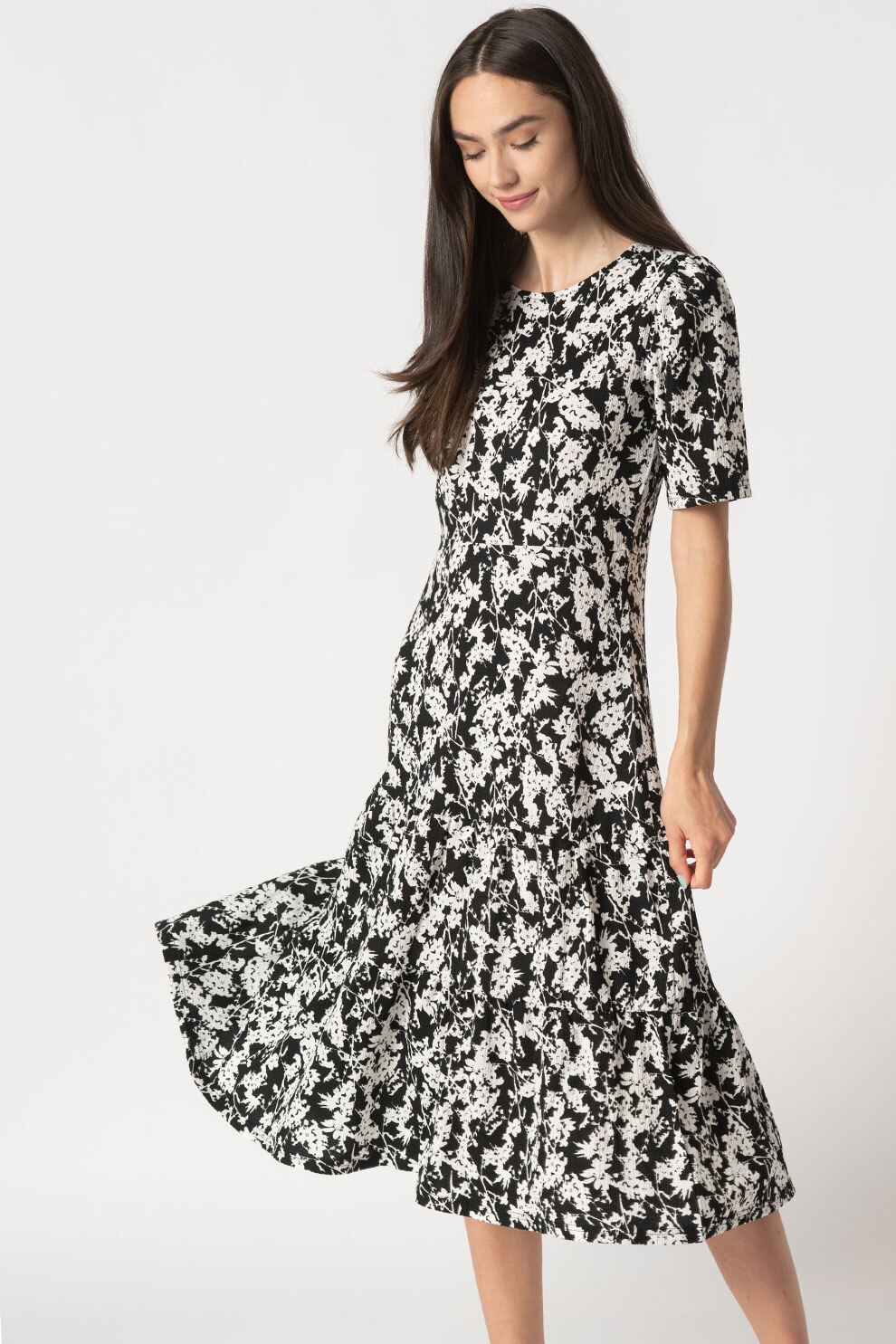 JdY, Rochie midi cu model floral Amilia, Negru/Alb