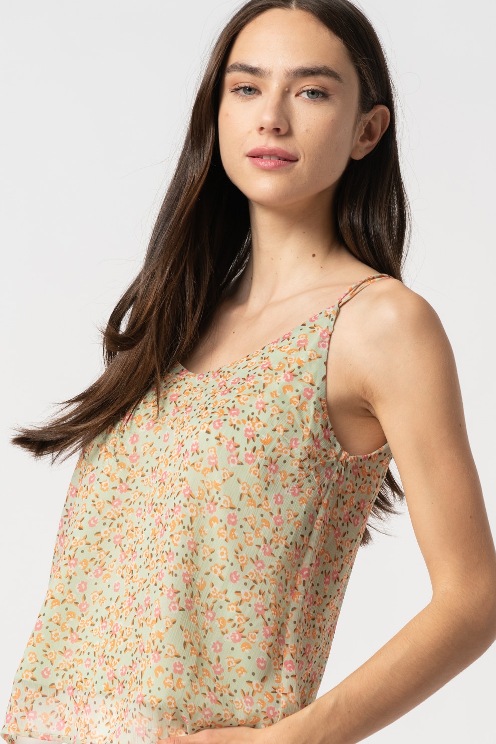 Vero Moda, Top cu decolteu in V si bretele subtiri, Verde pal/Roz/Alb