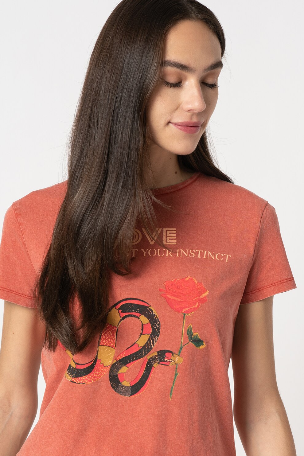 JdY, Tricou cu decolteu la baza gatului si imprimeu Elina, rosu melange, oranj, M