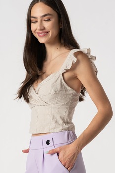 Only, Top crop cu bretele cu volane Maria, Taupe Only, Top crop cu bretele cu volane Maria, Taupe