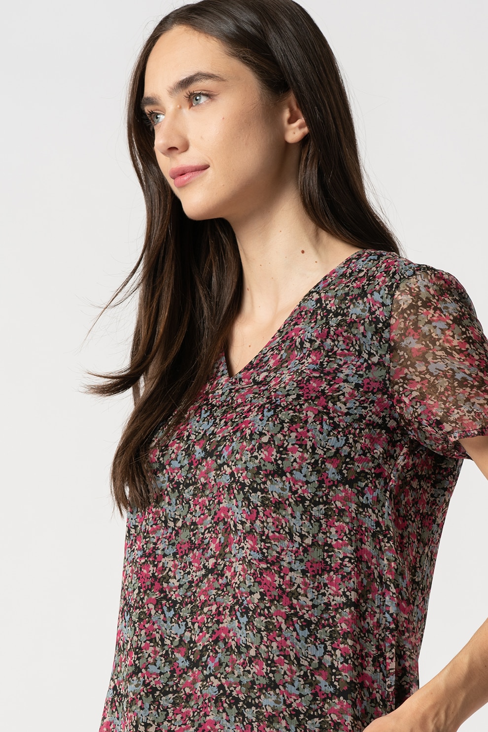 Vero Moda, Bluza cu decolteu in V si maneci scurte Kay, Negru/Roz/Maro nisip