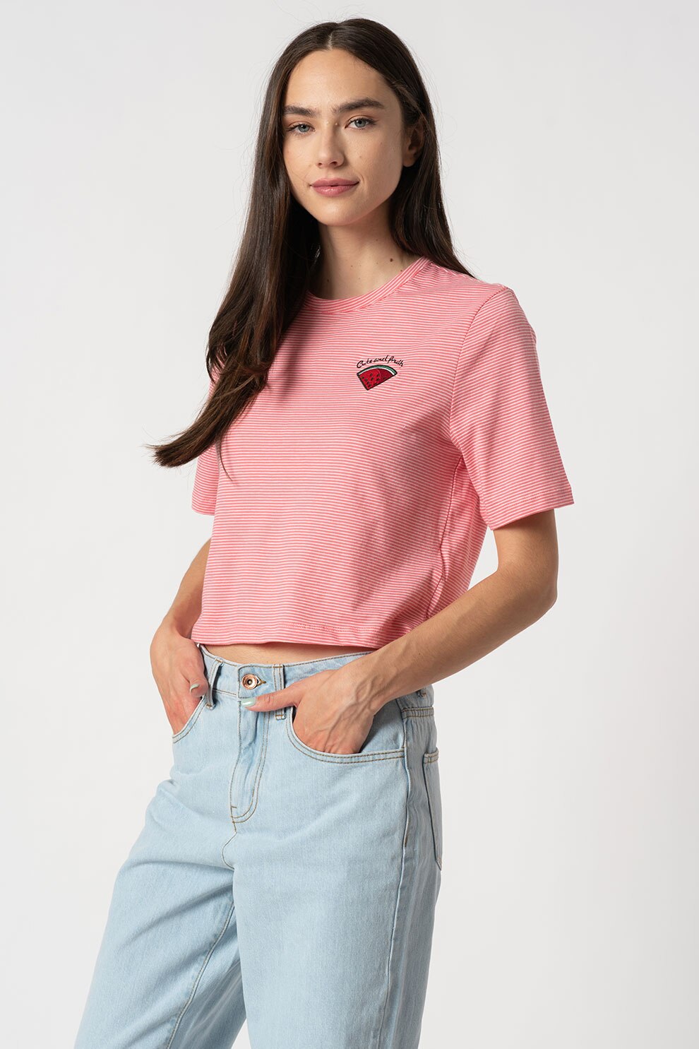 Only, Tricou crop de bumbac organic Fruity, Roz/Alb