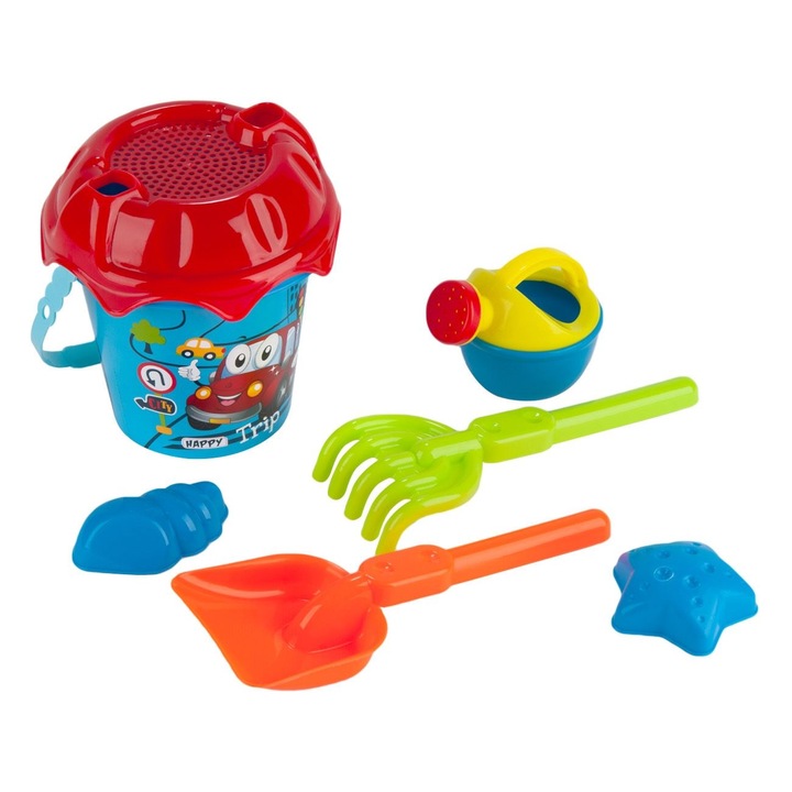 Set Galetusa Nisip si Accesorii, Masina, 6 piese, Albastru coral, 16x13.5cm