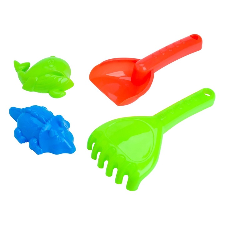 Set forme de nisip pentru copii, cu Lopatica si Grebla, 4 piese, Multicolor