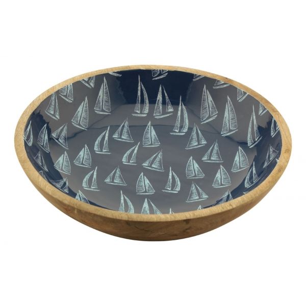 Bol emailat din mango, model cu barci, Ø 30cm, H 7.5cm