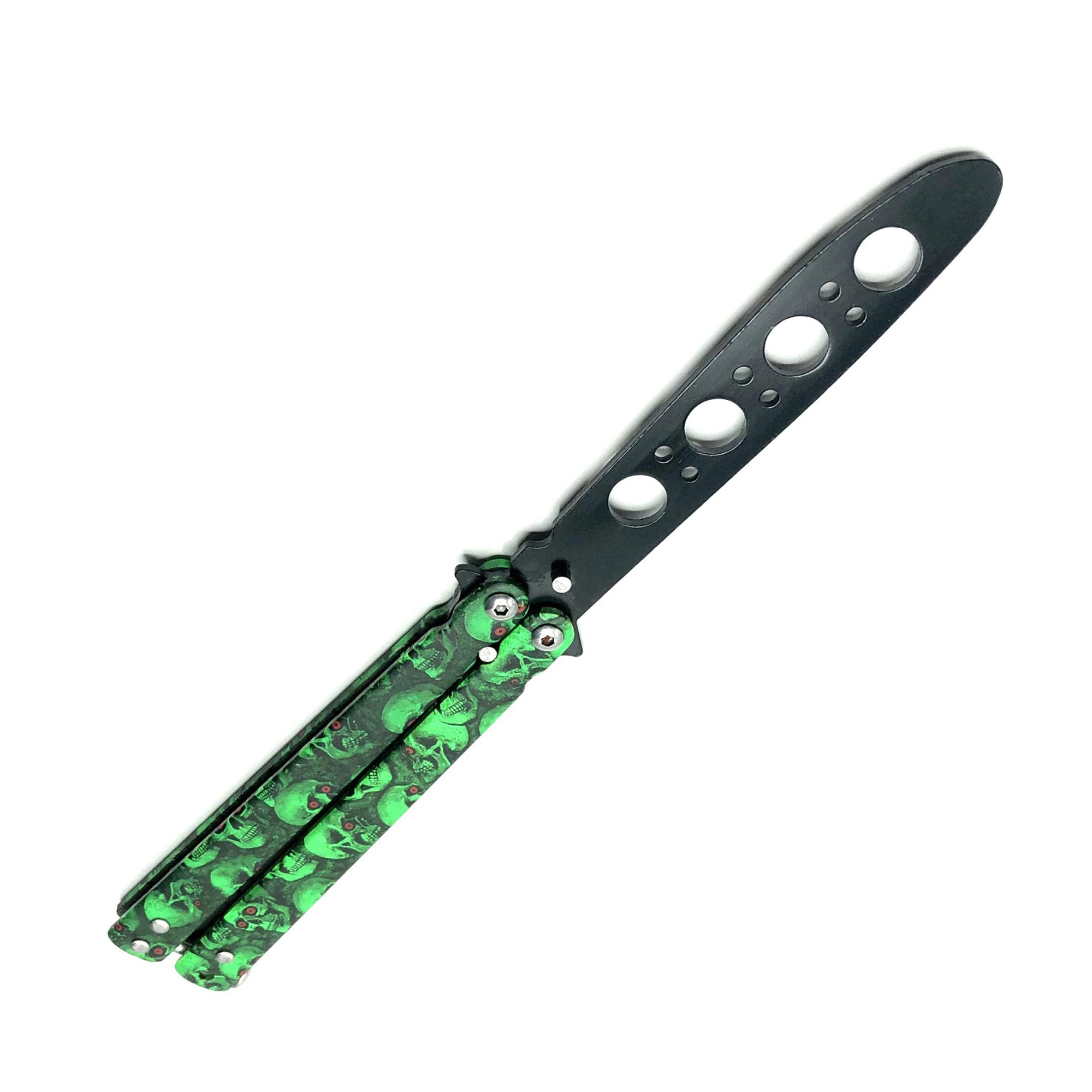 Cutit fluture Butterfly, Balisong 22 cm, verde, cranii, fara tais, de antrenament, Dalimag
