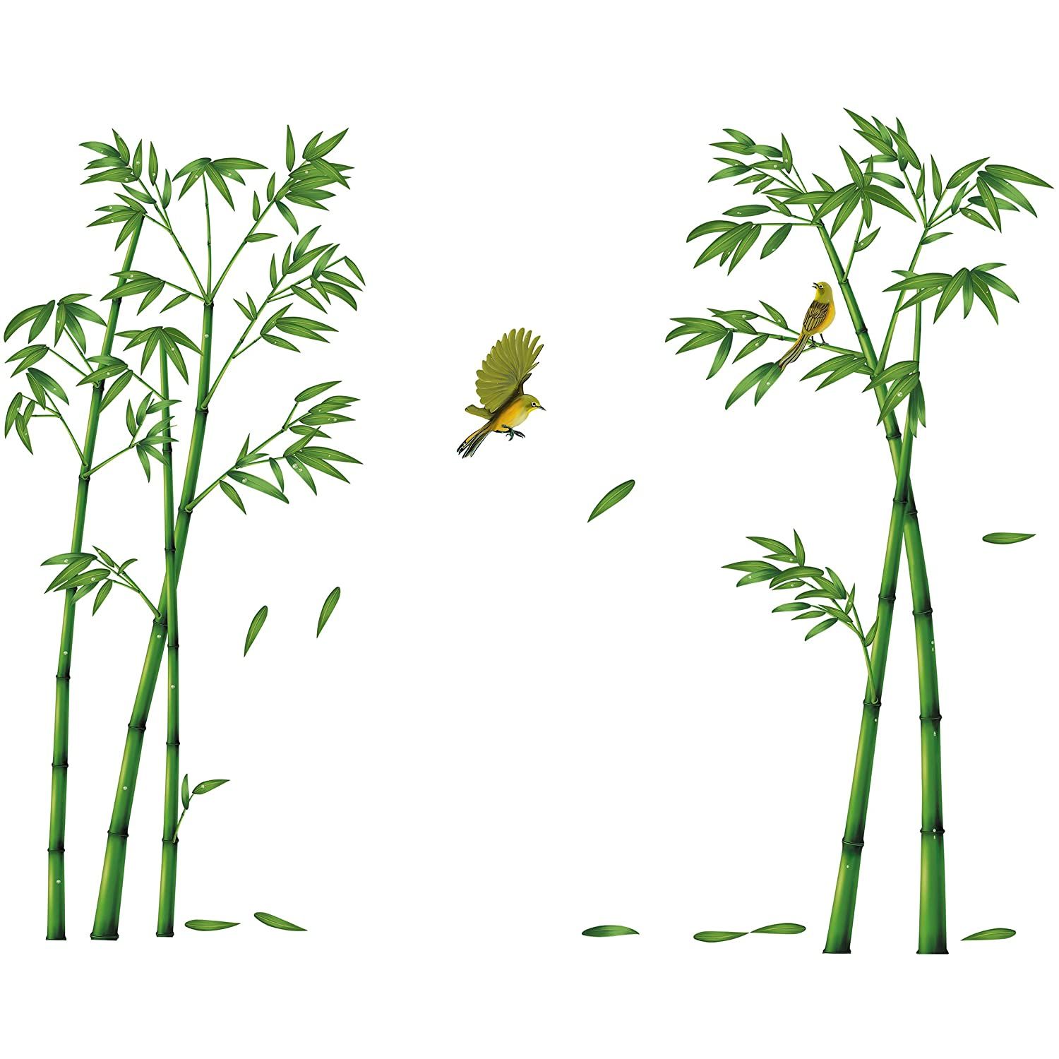 Sticker decorativ, Bambus si pasarea Colibri, 60x90 cm, culoare verde