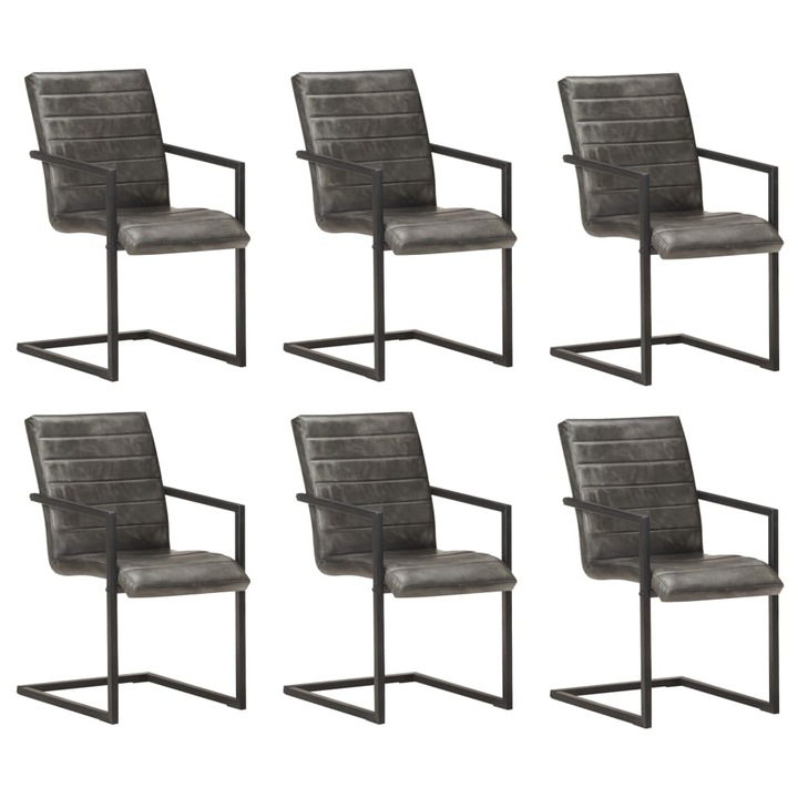 Set scaune de bucatarie consola vidaXL, 6 buc., gri, piele naturala, 51 x 56 x 91 cm, 18.6 kg