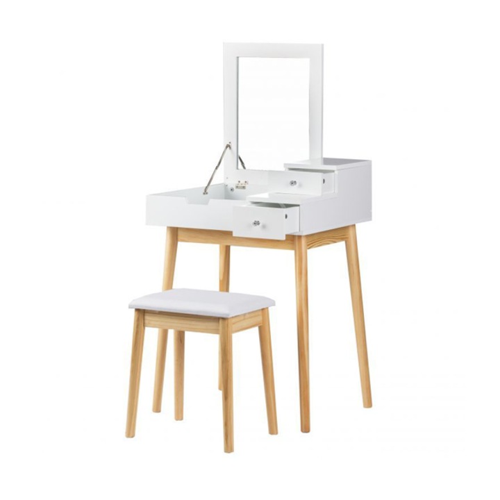 Modernhome Boudoir-készlet, sminkhez, összecsukható tükörrel, fa / MDF, 2 fiók és szék, modern kivitelben, 60x76x50cm, fehér