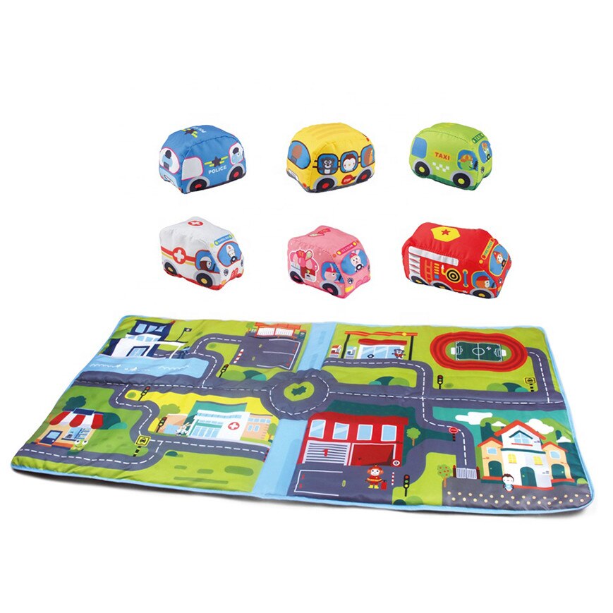 Covor de Joaca pentru Copii, Salamandra Kids, Masinute de plus Incluse, 158x80 cm