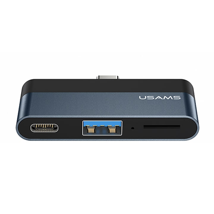 Адаптер Multiport Hub 3 в 1 US-SJ490, USB Type-C към USB 3.0, Micro SD, USB Type-C, черно-сив
