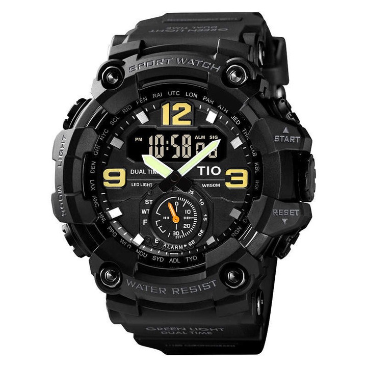 Мъжки ръчен часовник TIO, Military, Army, Sport, Digital, Quartz, Ударо и водоустойчив, Черен