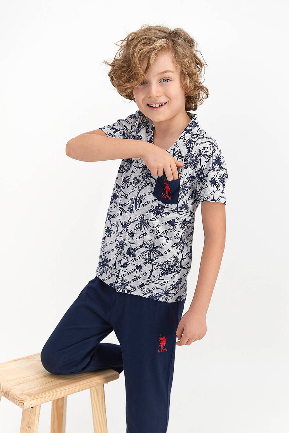 U.S. Polo Assn., Pijama cu model tropical, Gri melange