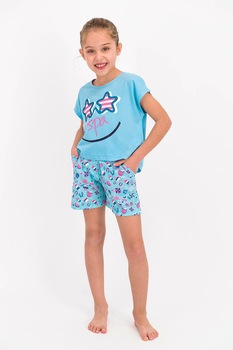 U.S. Polo Assn., Pijama din jerseu cu pantaloni scurti si model grafic, Albastru deschis U.S. Polo Assn., Pijama din jerseu cu pantaloni scurti si model grafic, Albastru deschis