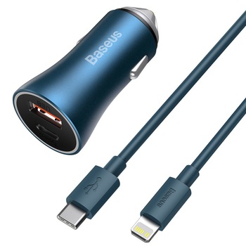 Incarcator Auto Baseus Golden Contactor Pro Dual Quick Charger USB si Type-C, Blue, 40W, 5A, cablu type-c la lightning inclus, 1m Incarcator Auto Baseus Golden Contactor Pro Dual Quick Charger USB si Type-C, Blue, 40W, 5A, cablu type-c la lightning inclus, 1m