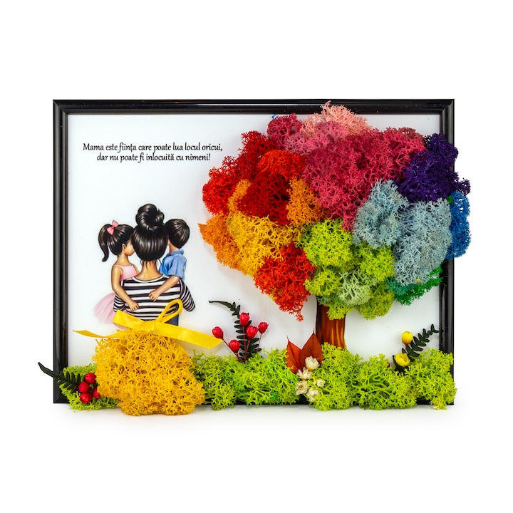 Tablou Mama & 2 Copii cu Licheni si Flori Uscate YoobirimBox Handmade, 21 x 15 cm