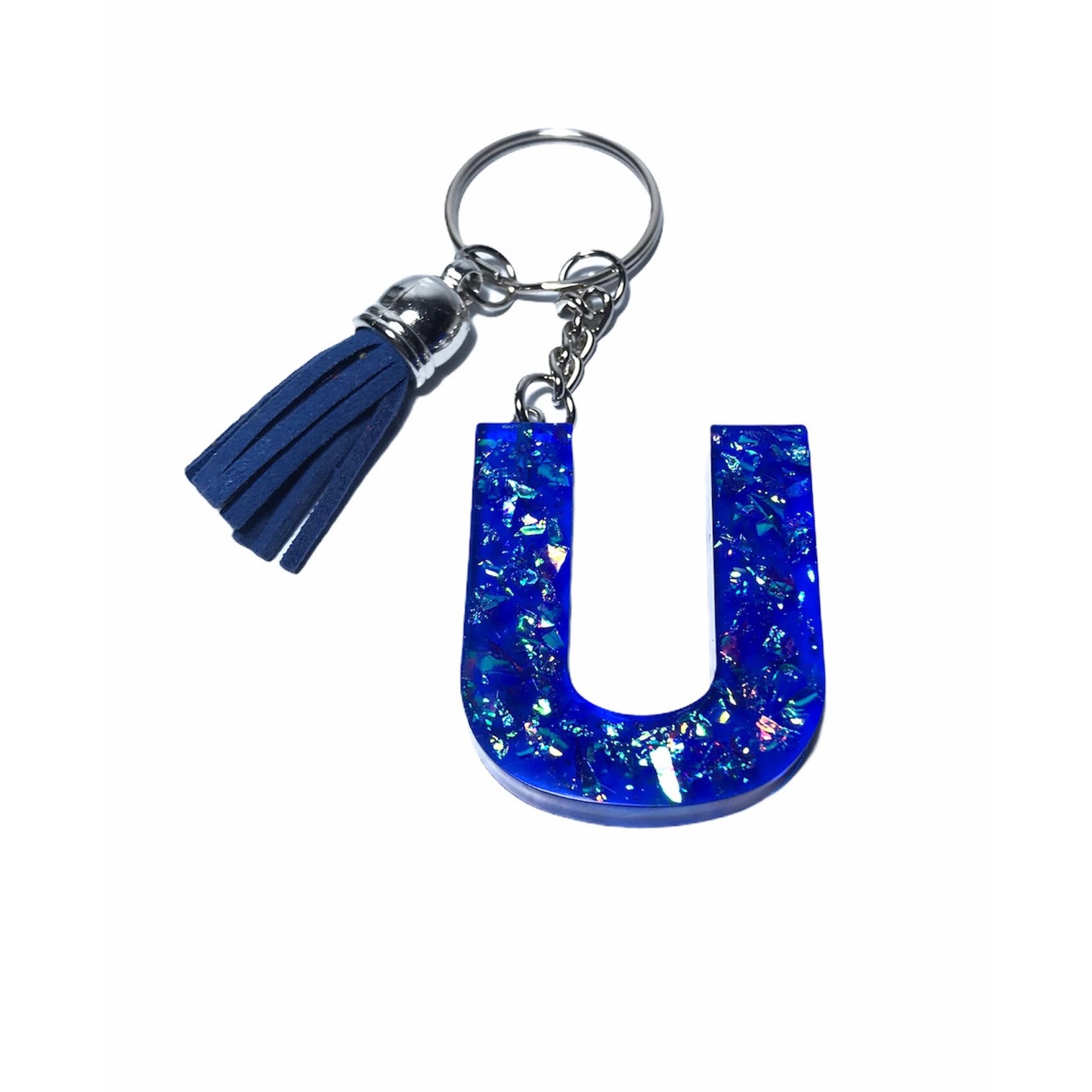 Breloc Gentelo cu initiala U, Handmade din rasina epoxidica Crystal albastru, 4 cm