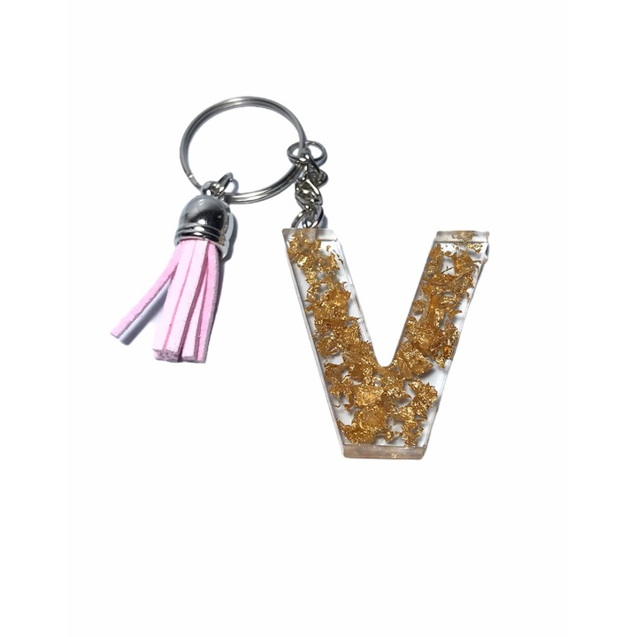 Breloc Gentelo cu initiala V, Handmade din rasina epoxidica Crystal roz, 4 cm