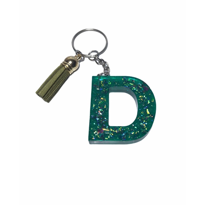 Breloc Gentelo cu initiala D, Handmade din rasina epoxidica Crystal verde, 4 cm