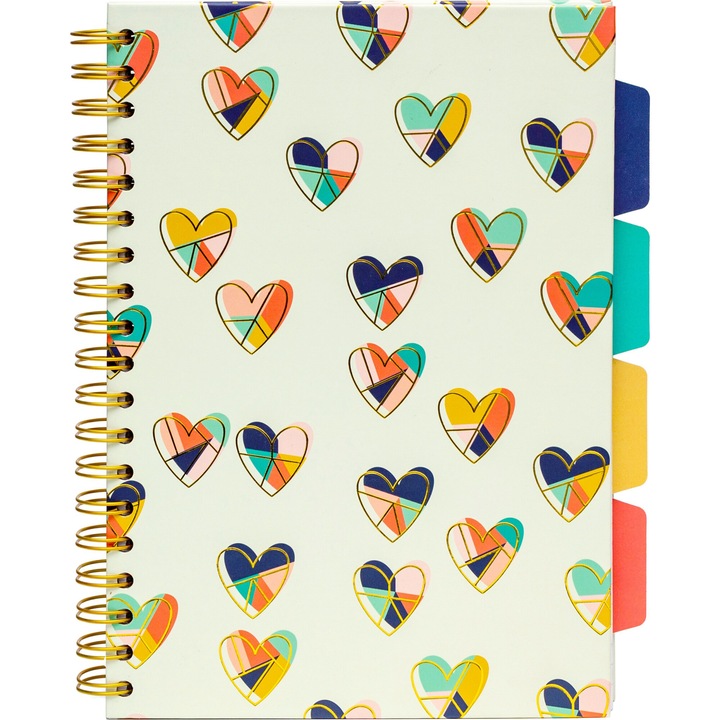 Тетрадка със спирала и разделители Pukka Pad Hearts, Формат В5, 200 стр., Диктовка, Микроперфорации, Сърца