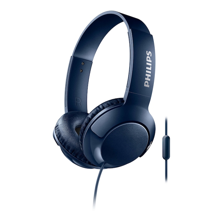 Philips vezetékes audio fejhallgató mikrofonnal és 32 mm-es hangszórókkal, puha párnák, fülön túl, kompakt összecsukható, 32 ohm, érzékenység 103 dB, mélyhangkiemelés, 3,5 mm, kék