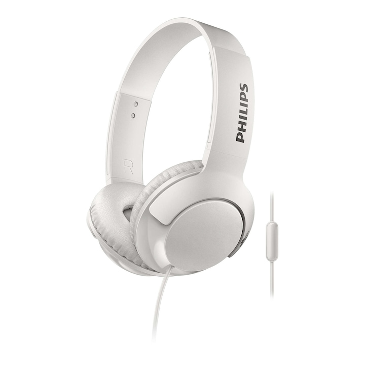 Philips vezetékes audio fejhallgató mikrofonnal és 32 mm-es hangszórókkal, puha párnák, fülre helyezhető, kompakt összecsukható, 32 ohm, érzékenység 103 dB, mélyhangkiemelés, 3,5 mm, fehér