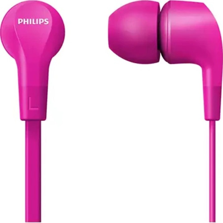 Кабелни слушалки за поставяне в ушите Philips, Високоговорители 8,6 мм, 16 ома, Чувствителност 102 dB при 1 kHz, Дължина на кабела 1,2 м, жак конектор 3,5 мм, розови