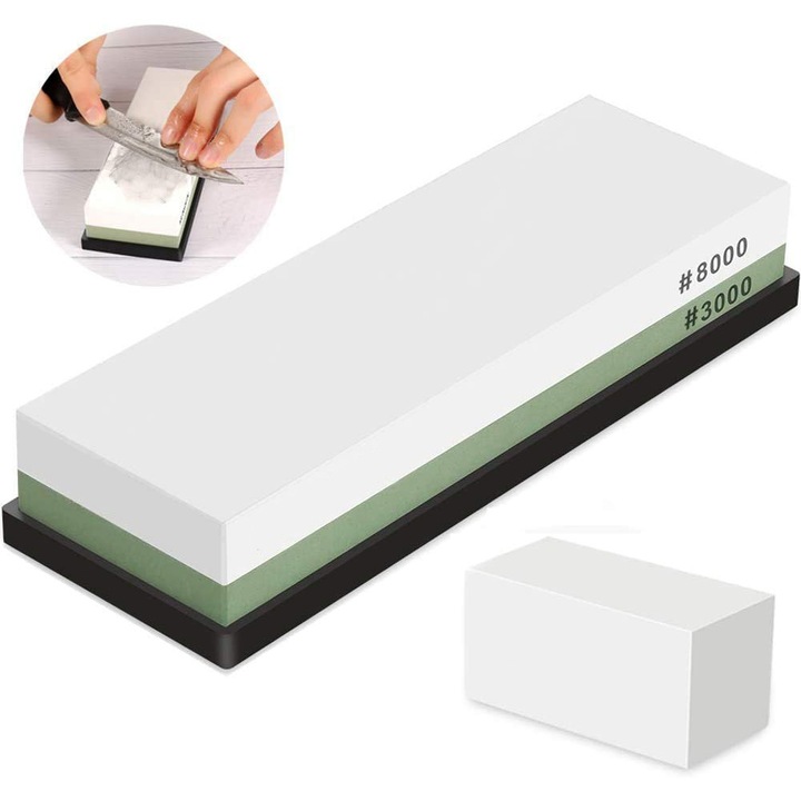 Piatra pentru Ascutirea Cutitelor prin Slefuire, LittleDomi, cu Suport din Silicon, 2 Granulatii 3000/8000, Ghidaj Unghiular, Ascutire, Finisare, Indreptare