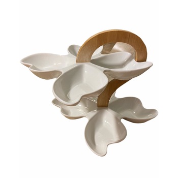 Set sosiera, aperitive cu suport etajat, 8 boluri ceramice, alb Set sosiera, aperitive cu suport etajat, 8 boluri ceramice, alb