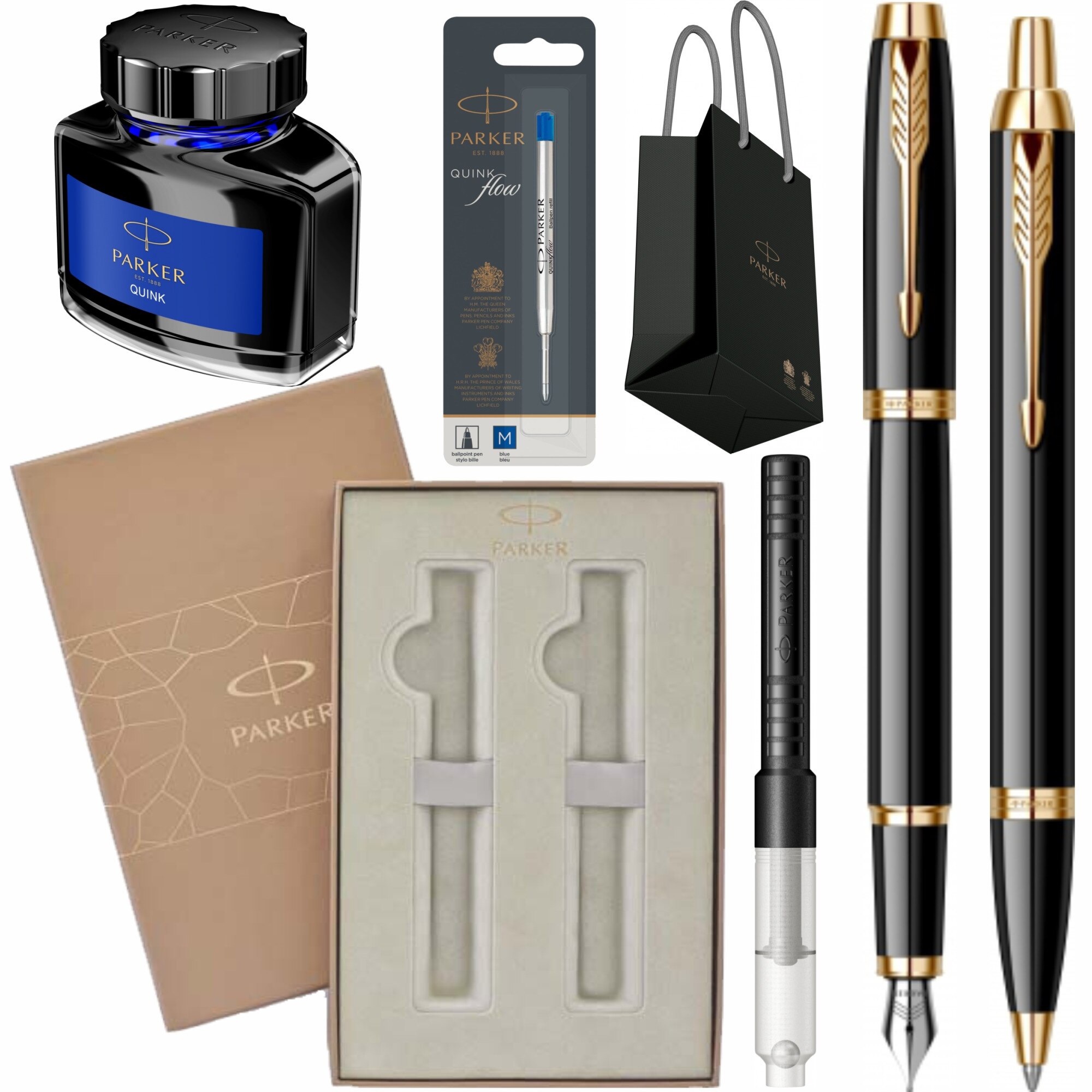 Set Parker Personalizat prin Gravura Laser Stilou Pix IM Royal Black Lacquer GT cu rezerva mina pix, convertor, calimara cerneala, cutie Premium Duo si punga
