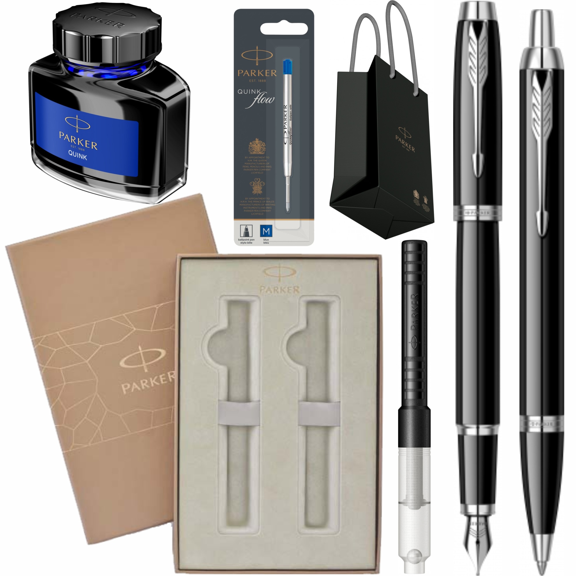 Set Parker Personalizat prin Gravura Laser Stilou Stilou Pix IM Royal Black Lacquer CT cu rezerva mina pix, convertor, calimara cerneala, cutie Premium Duo si punga