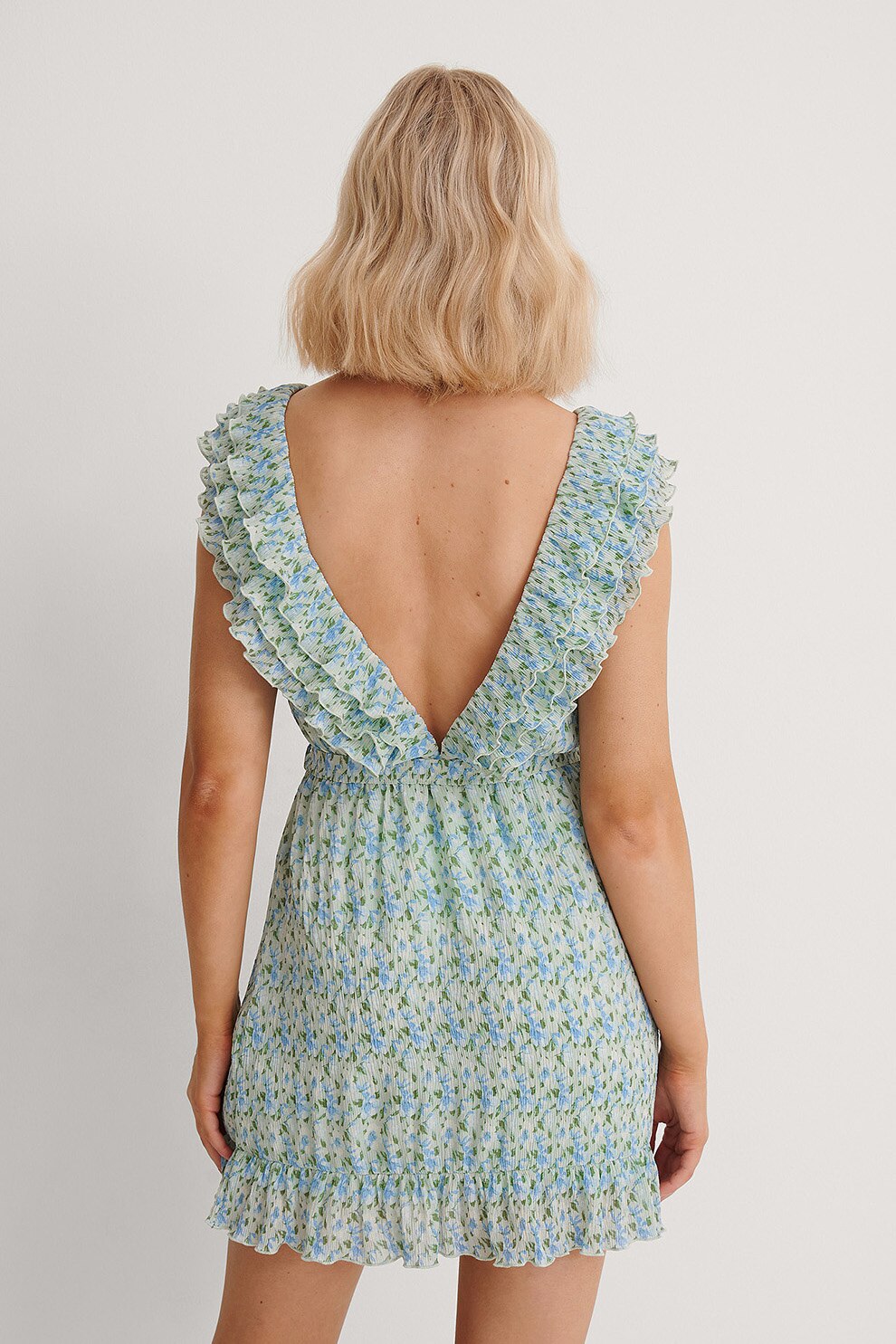 NA-KD, Rochie mini cu decolteu adanc in V, Verde menta/Albastru, L