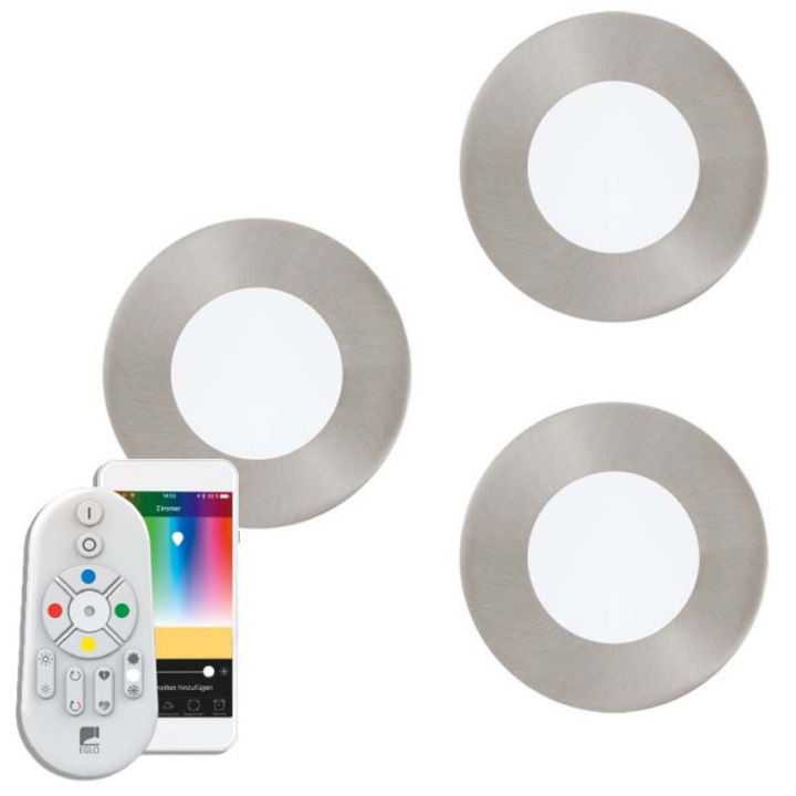 EGLO 9328825 LED panel, 3W, süllyesztett, kerek, RGBW, dimmelhető, matt nikkel, 3db-os szett, EGLO, FUEVA-C, 32882