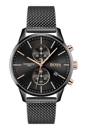 Boss Hugo Boss, Часовник с хронограф и мрежеста верижка, Черен
