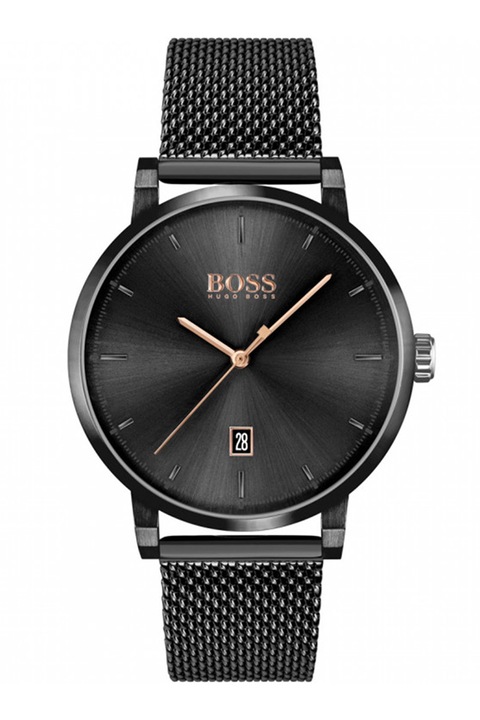 BOSS, Иноксов часовник с мрежеста верижка, Черен