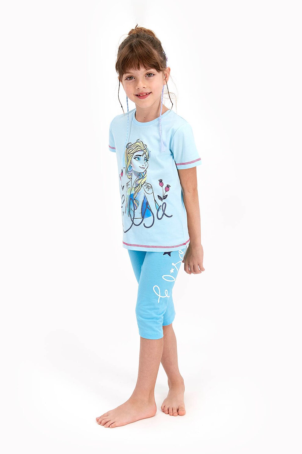 Disney, Pijama cu tricou si pantaloni capri cu imprimeu cu Elsa, Albastru deschis