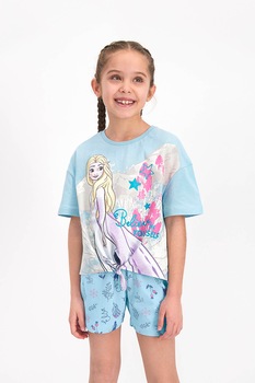 Disney, Pijama cu tricou si pantaloni scurti cu imprimeu cu Elsa, Albastru deschis Disney, Pijama cu tricou si pantaloni scurti cu imprimeu cu Elsa, Albastru deschis