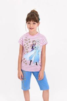 Disney, Pijama scurta cu imprimeu cu desene, Roz/Albastru Disney, Pijama scurta cu imprimeu cu desene, Roz/Albastru
